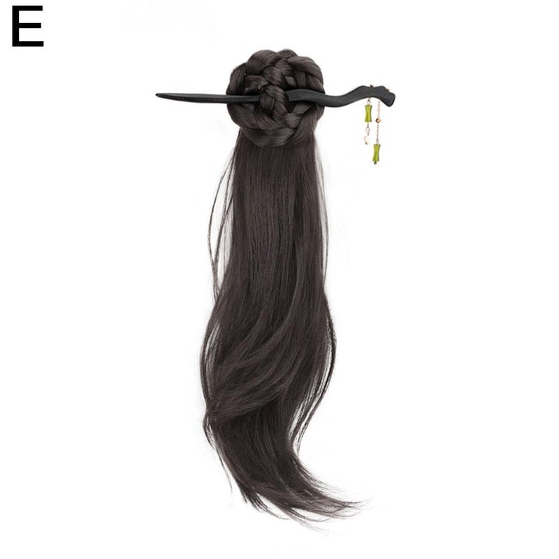 New Chinese style braided ponytail wig for women, ancient style, flower bun hair clip, Hanfu cheongsam braided side tie hairpin braided ponytail